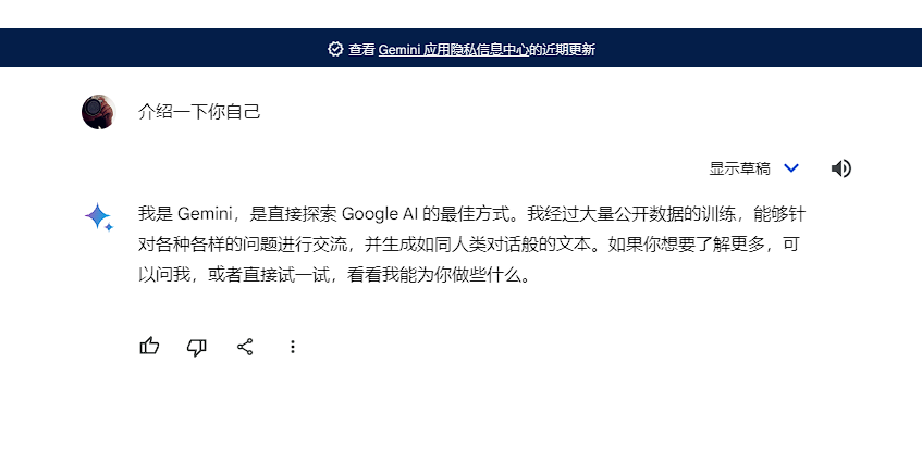 Google 推出的 AI，Google Bard，现在已正式升级为 Gemini，支持中文对话，测试下功能不错！